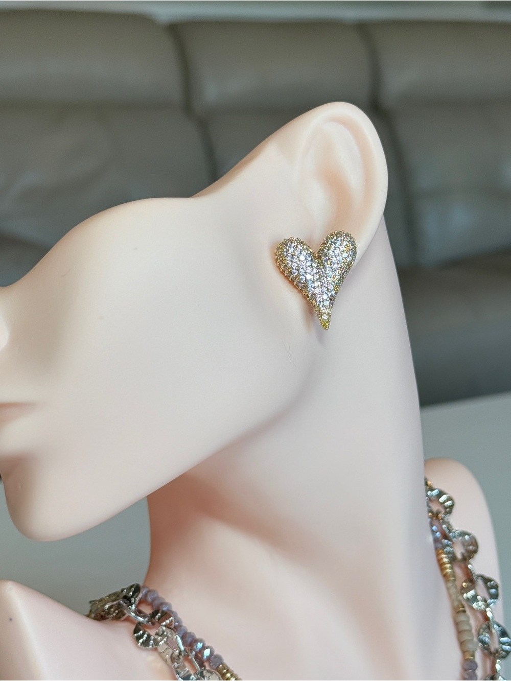 S925 Gold-Tone Pave Heart Stud Earrings - Sparkling Gold Heart